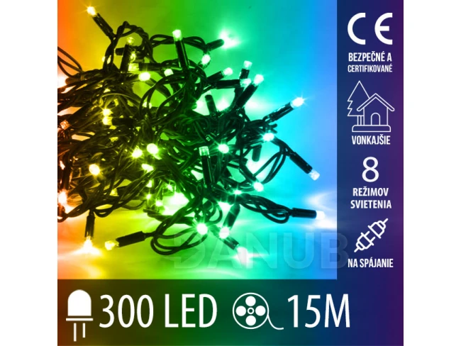 Vianočná led svetelná reťaz vonkajšia - na spájanie + programator - 300led - 15m Multicolour
