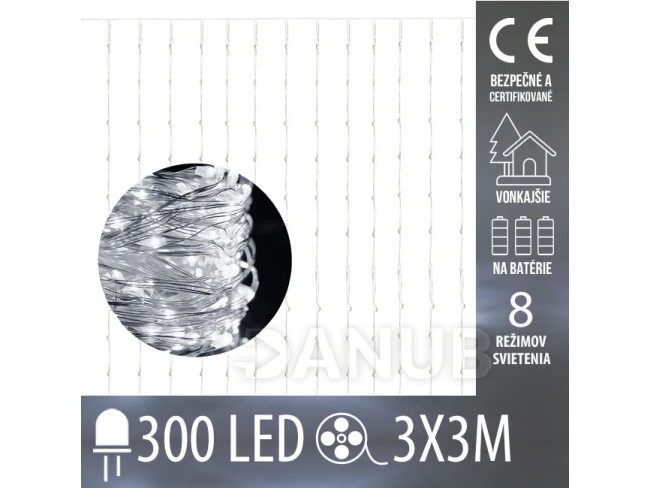 Vianočná led svetelná záclona na batérie vonkajšia - 300 led - programy - ovládač - 3x3m - studená biela