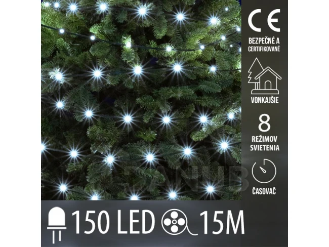 Vianočná led svetelná reťaz vonkajšia - DOT LED - 150 led - 15m - programy, časovač - studená biela