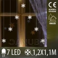Vianočná led svetelná záclona vonkajšia - záves - vločky - 7 led - 1,2m - teplá biela