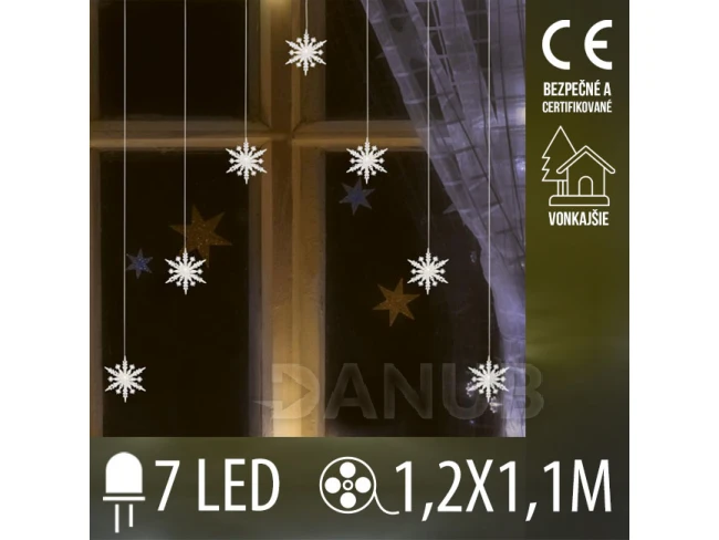 Vianočná led svetelná záclona vonkajšia - záves - vločky - 7 led - 1,2m - teplá biela