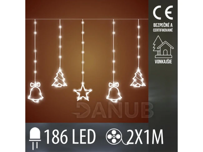Vianočná led svetelná záclona vonkajšia - záves - zvonček/stromček/hviezda - 186led - 2m studená biela