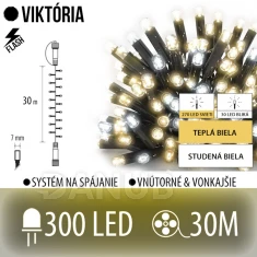Viktória led svetelná reťaz vonkajšia flash - 300led - 30m teplá biela/ flash prebliknutie studená biela