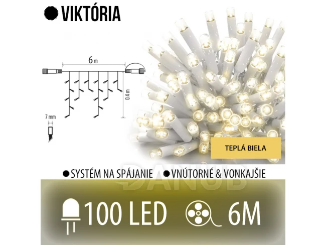 Viktória led svetelná záclona vonkajšia - 100led - 6m teplá biela - biely kábel