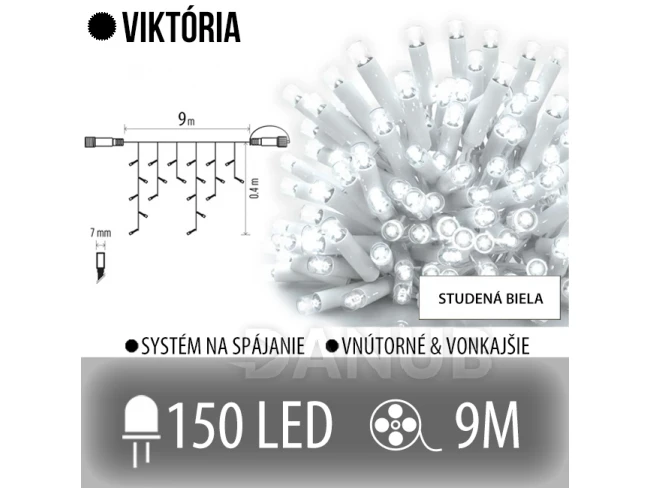 Viktória led svetelná záclona vonkajšia - 150led - 9m studená biela - biely kábel