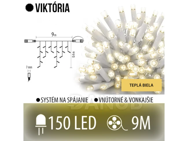 Viktória led svetelná záclona vonkajšia - 150led - 9m teplá biela - biely kábel