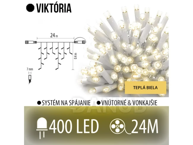 Viktória led svetelná záclona vonkajšia - 400led - 24m teplá biela - biely kábel