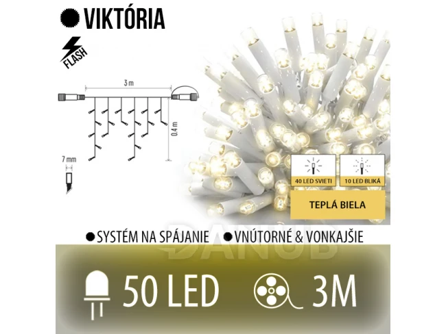 Viktória spojovateľná led svetelná záclona vonkajšia flash - 50led - 3m teplá biela / flash prebliknutie teplá biela - biely kábel