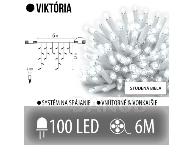 Viktória led svetelná záclona vonkajšia - 100led - 6m studená biela - biely kábel