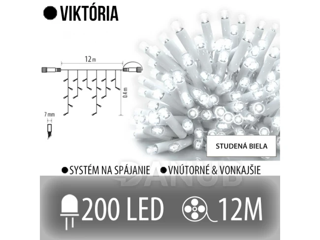 Viktória led svetelná záclona vonkajšia - 200led - 12m studená biela - biely kábel