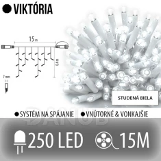 Viktória led svetelná záclona vonkajšia - 250led - 15m studená biela - biely kábel