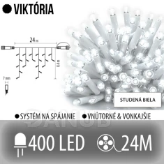 Viktória led svetelná záclona vonkajšia - 400led - 24m studená biela - biely kábel