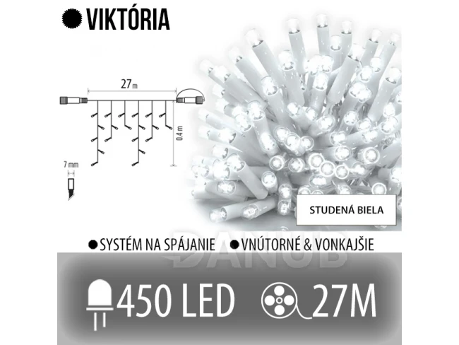 Viktória led svetelná záclona vonkajšia - 450led - 27m studená biela - biely kábel