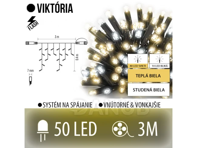 Viktória spojovateľná led svetelná záclona vonkajšia flash - 50led - 3m teplá biela / flash prebliknutie studená biela