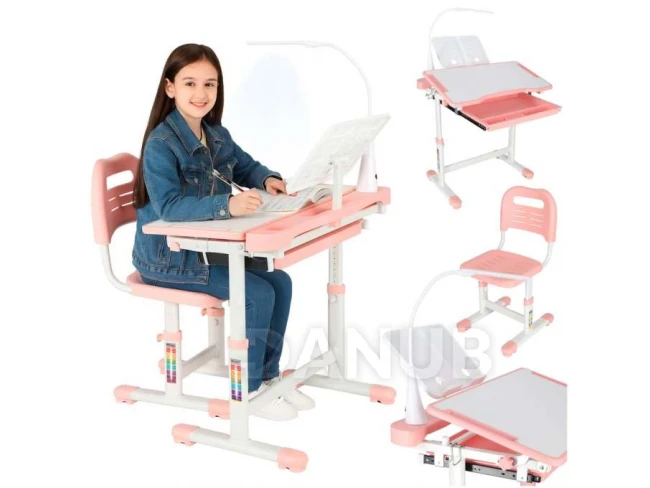 Detský polohovateľný písací stôl so stoličkou - LED lampa, USB - ružový