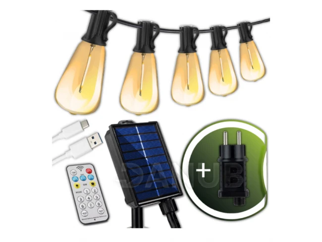 Solárna záhradná girlanda - 230V - USB - 30x LED - 9,8 m - teplá biela + diaľkové ovládanie - PYRIS LUMILED