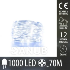 Vianočná Led DOT svetelná reťaz vonkajšia - 1000led - 70m - programy - časovač - studená biela