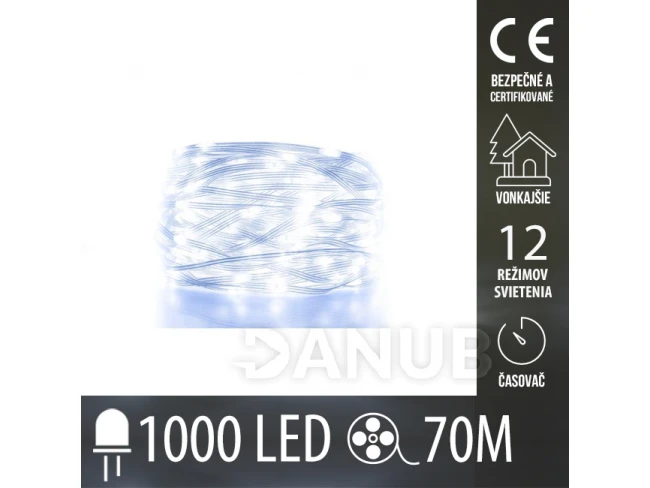 Vianočná Led DOT svetelná reťaz vonkajšia - 1000led - 70m - programy - časovač - studená biela