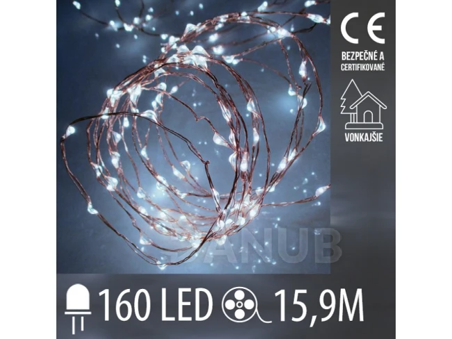 Vianočná led svetelná mikro reťaz vonkajšia - 160led - 15,9m - studená biela