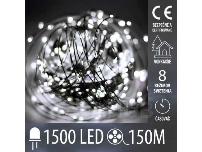 Vianočná led svetelná mikro reťaz vonkajšia - programy - časovač - ovládač - 1500led - 150m - studená biela