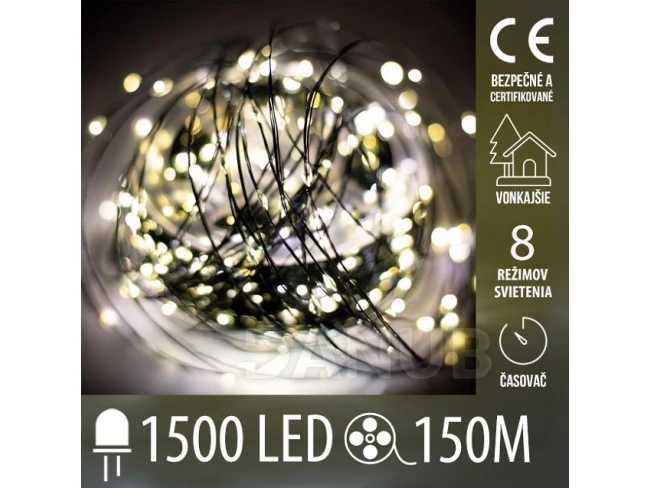 Vianočná led svetelná mikro reťaz vonkajšia - programy - časovač - ovládač - 1500led - 150m - teplá biela