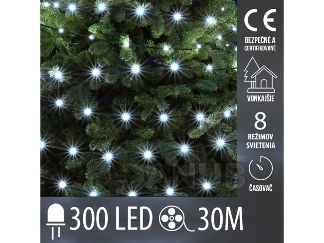 Vianočná led svetelná reťaz vonkajšia - DOT LED - programy, časovač - 300led - 30m - studená biela
