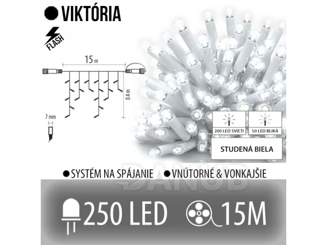 Viktória led svetelná záclona vonkajšia flash - 250led - 15m studená biela / flash prebliknutie studená biela - biely kábel