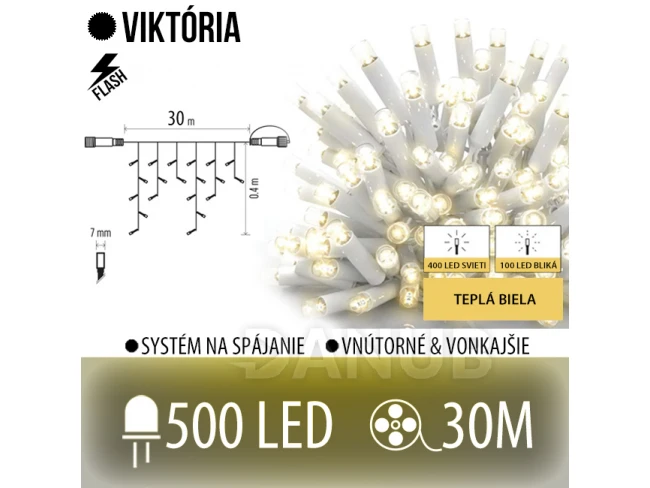 Viktória led svetelná záclona vonkajšia flash - 500led - 30m teplá biela / flash prebliknutie teplá biela - biely kábel