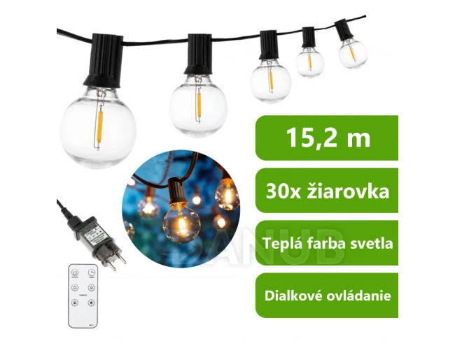 Svetelná girlanda - 15,2 m - 30x LED gule 3000K - DOLLIS LUMILED + diaľkové ovládanie