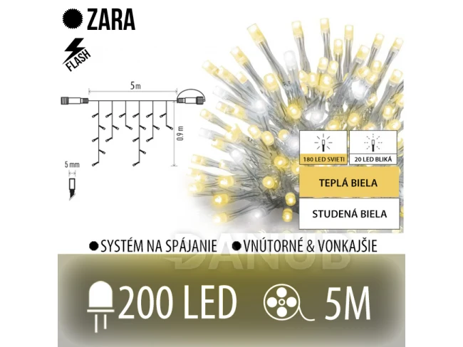 Zara led svetelná záclona vonkajšia flash - 200led - 5m teplá biela/flash prebliknutie studená biela - transparentný kábel