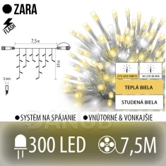 Zara led svetelná záclona vonkajšia flash - 300led - 7,5m teplá biela/flash prebliknutie studená biela - transparentný kábel