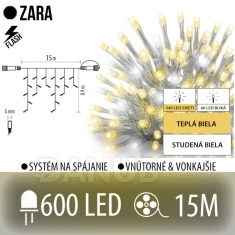 Zara led svetelná záclona vonkajšia flash - 600led - 15m teplá biela/flash prebliknutie studená biela - transparentný kábel