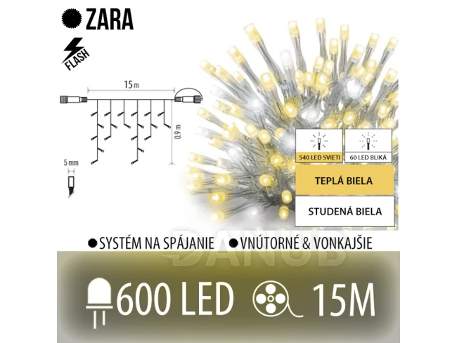 Zara led svetelná záclona vonkajšia flash - 600led - 15m teplá biela/flash prebliknutie studená biela - transparentný kábel