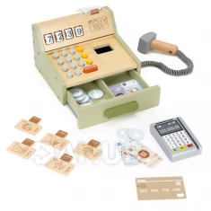 Detská drevená pokladňa + terminál, bankovky