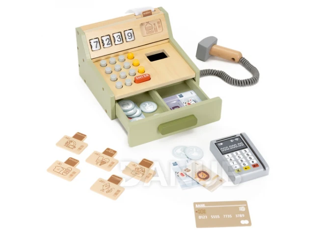 Detská drevená pokladňa + terminál, bankovky