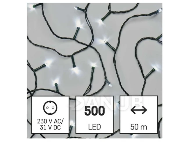 LED vianočná reťaz, 50 m, vonkajšia aj vnútorná, studená biela, programy, časovač