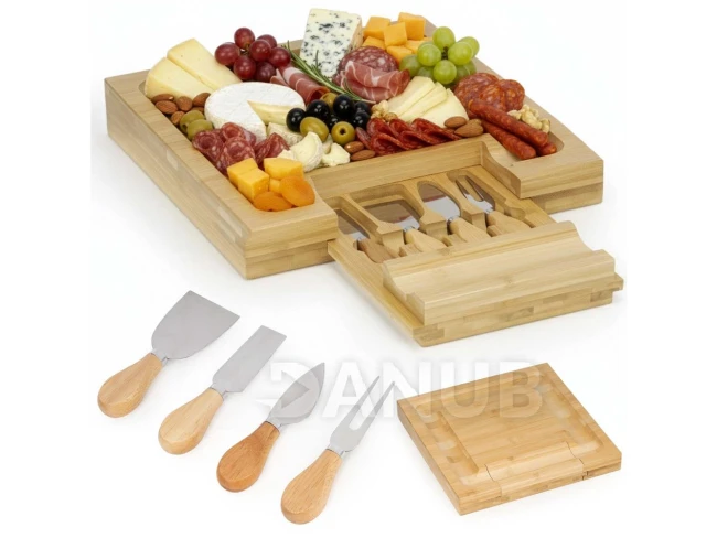 Servírovací podnos na občerstvenie so zásuvkou na nože- bambus - 33x33 cm