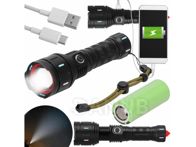 LED multifunkčná taktická baterka so zoomom - nabíjateľná - čierna