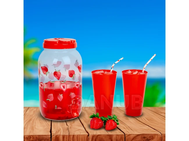 Dávkovač nápojov s kohútikom, plastová sada pohárov - 3,8 l - jahody