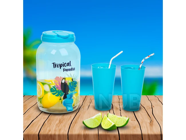 Dávkovač nápojov s kohútikom, plastová sada pohárov - 3,8 l - tropický