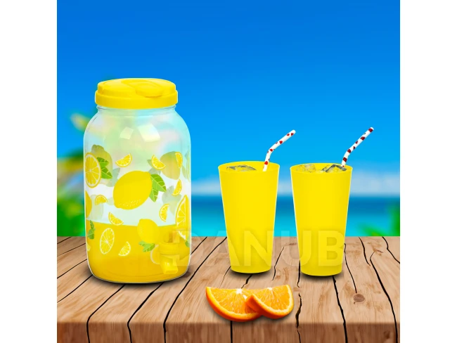 Dávkovač nápojov s kohútikom, plastová sada pohárov - 3,8 l - citrón