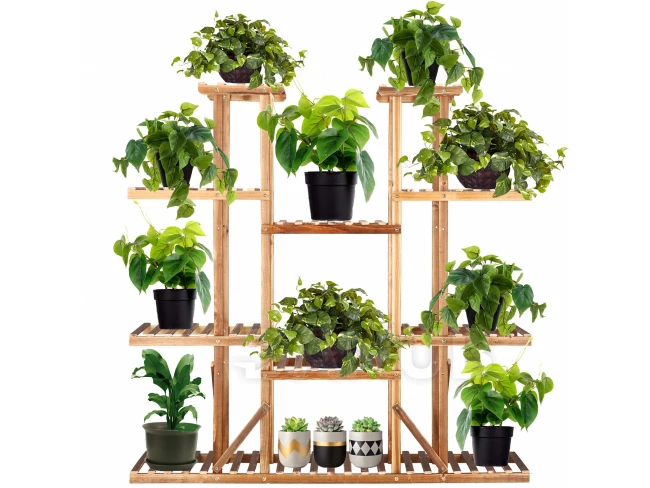 Drevený stojan na kvety - 115x25x116 cm - s 9 policami, starožitné drevo