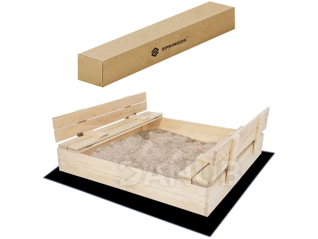 Zatvárateľné pieskovisko s lavičkami + geotextília - 120x120 cm - drevo