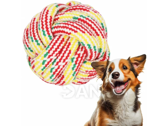 Lopta pre šteniatko/mačiatko - 8 cm - pletená loptička z povrazu - viacfarebná