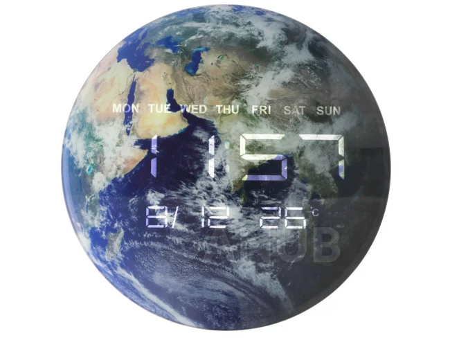 Nástenné hodiny Planet Earth s LED displejom 32 cm modré