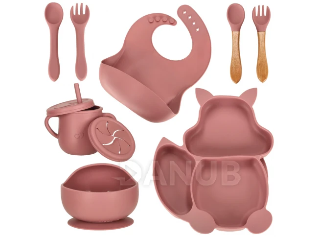 Detský silikónový riad - veverička - tmavoružový