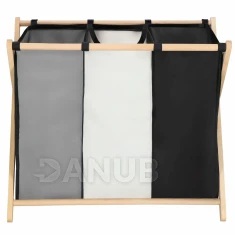 Kôš na bielizeň s tromi priehradkami - okrúhly rám - 105 l, skladací - čierna/sivá/ecru