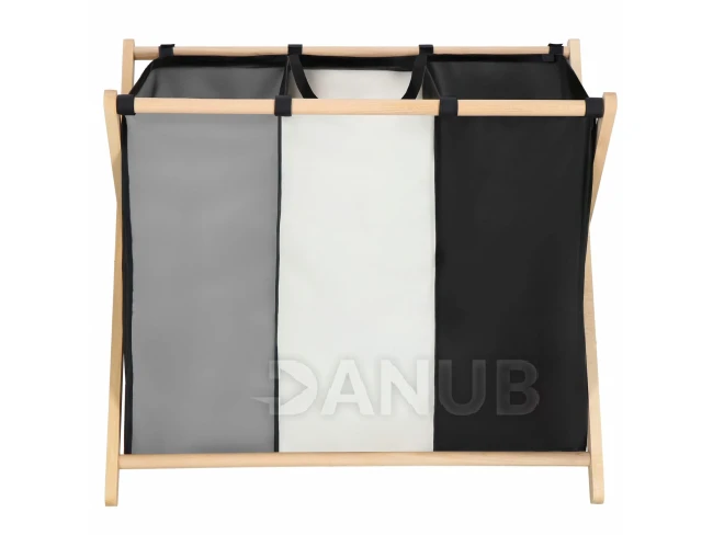 Kôš na bielizeň s tromi priehradkami - okrúhly rám - 105 l, skladací - čierna/sivá/ecru