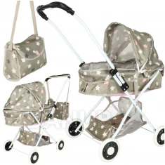 Kočík pre bábiky hlboký + taška - béžovo-sivý s hviezdičkami