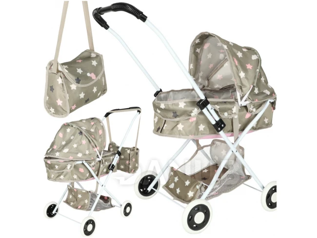 Kočík pre bábiky hlboký + taška - béžovo-sivý s hviezdičkami